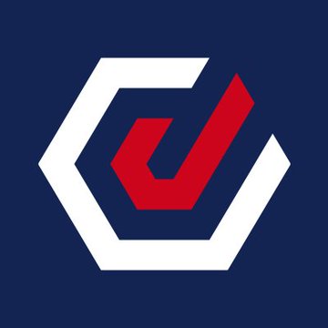 The image displays a logo featuring a white and red geometric hexagonal design on a dark navy blue background. The logo's stylized angular shapes appear to represent a stylized "J" within a hexagonal frame, likely serving as the brand mark for Juris Protocol—the lending and borrowing platform referenced in the post about Terra Classic ($LUNC) catalysts.