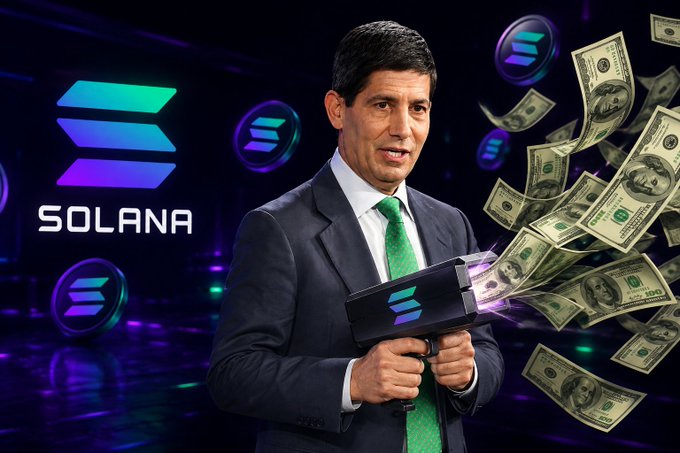A man in a suit holds a Solana-branded device as dollar bills fly out, with the "SOLANA" logo and coin graphics in the background. The image visually reinforces the post's claim of bullish crypto momentum by depicting Solana "printing money" in response to the Fed's $6.76 trillion balance sheet expansion.
