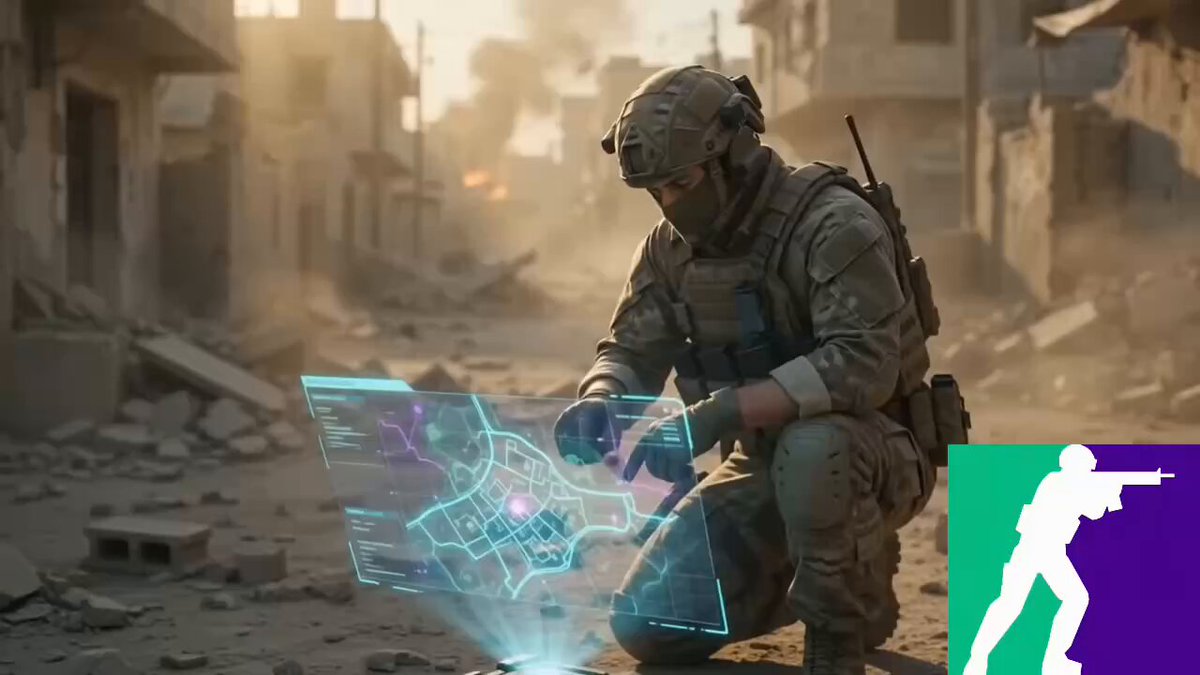 The image features a man dressed in military gear kneeling down in front of a computer screen displaying a map or game interface, possibly related to a video game like "Trench Strike" that has been recently launched. The man appears to be engaged with the content on his laptop and is likely playing the game or analyzing the map displayed on the screen.