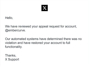An email from X Support confirms that the account @embercurve has been restored to full functionality after an appeal, with automated systems finding no violation.