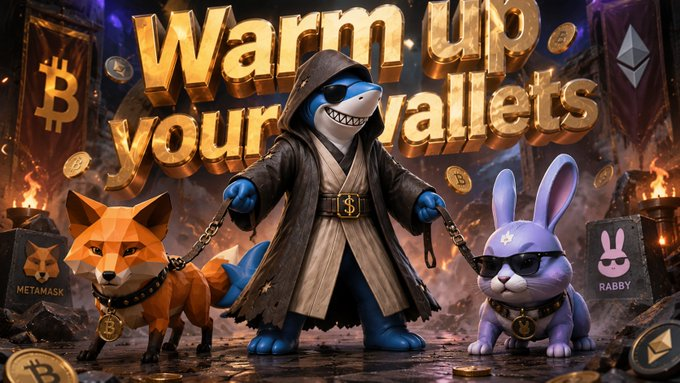 A digital illustration features a hooded shark character in a robe flanked by a Shiba Inu and a rabbit, with the text 'Warm up your wallets' and cryptocurrency logos for MetaMask, Bitcoin, Ethereum, and Rabby.