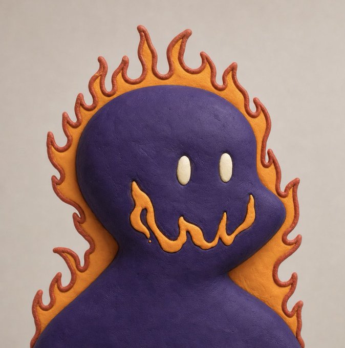 A 3D rendered or clay-style illustration of a dark blue/purple creature with glowing eyes, a wide smile showing teeth, and orange flame-like features surrounding its head and body.