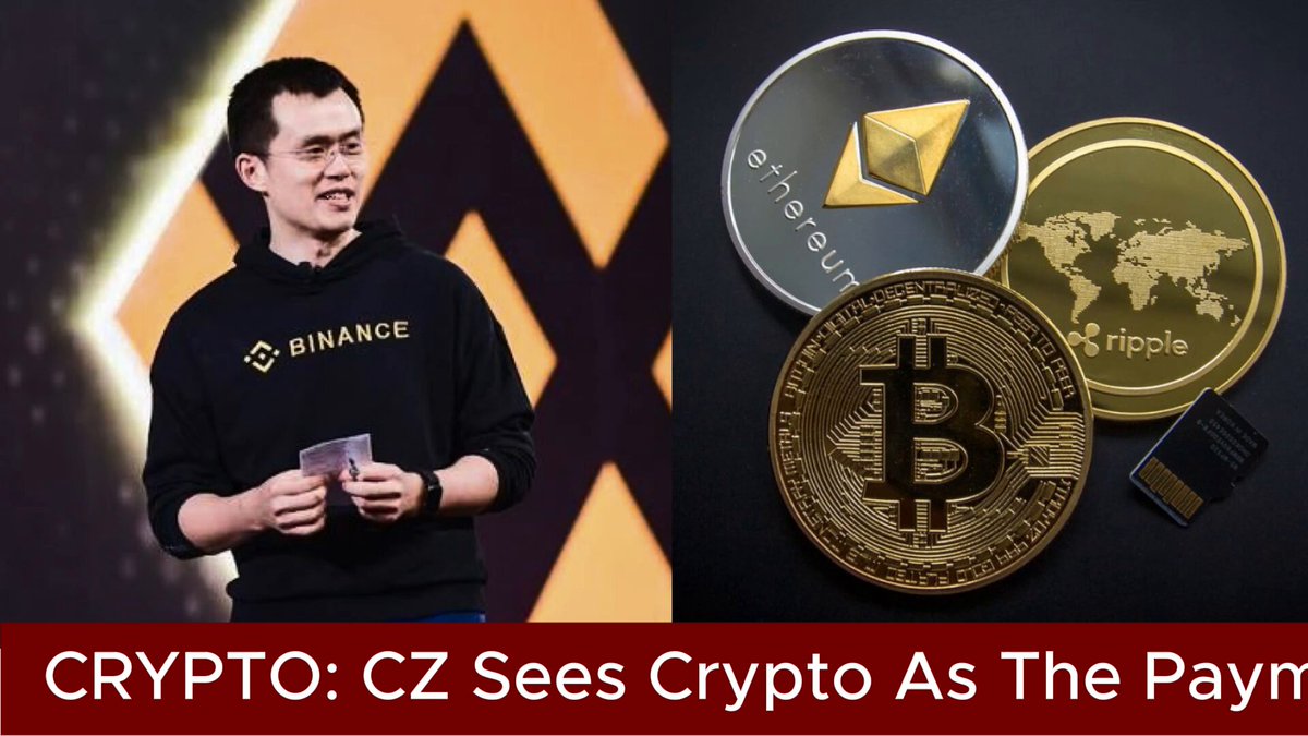 The image features a man standing next to two coins - a Bitcoin coin and an Ethereum coin. The man appears to be giving a speech or presentation, possibly related to cryptocurrency or AI. The text "CZ Sees Crypto As The Payment Rail For AI Binance founder Changpeng Zhao" is written above the coins, indicating that the coins are being discussed in relation to the post's content.