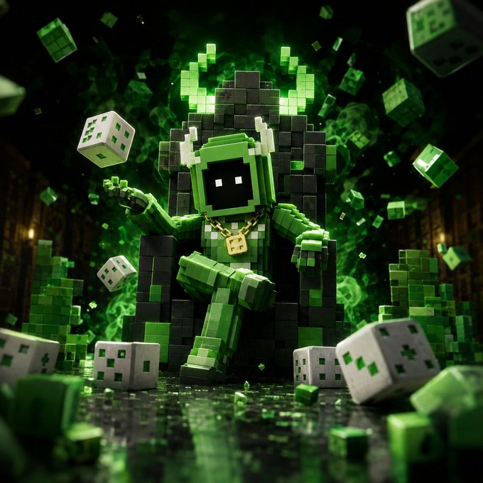 A 3D-rendered green blocky robot character with horns sitting on a throne, surrounded by floating green and white dice in a green-lit environment.