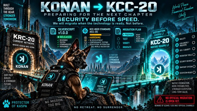 A promotional graphic announcing the migration from Konan to KCC-20, featuring a German Shepherd in tactical gear, with text such as 'KONAN → KCC-20', 'PREPARING FOR THE NEXT CHAPTER', 'KRC-20 CURRENT NETWORK', and 'KCC-20 NATIVE KASPA L1'.