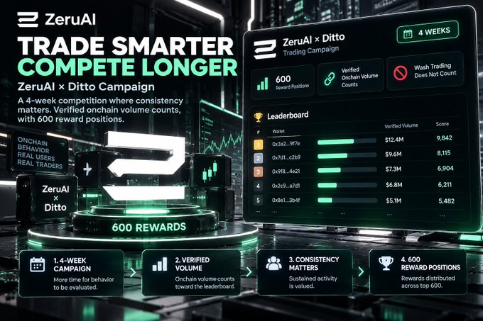 A promotional graphic for 'ZeruAI x Ditto' trading campaign displays 'TRADE SMARTER COMPETE LONGER' alongside a leaderboard showing verified onchain volumes and 600 reward positions.