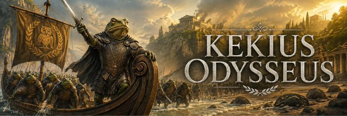 A heroic toad warrior in golden armor stands at the helm of a ship, raising a sword as an amphibian army marches toward a classical coastal city, with the text "KEKIUS ODYSSEUS" prominently displayed. The image visually reinforces the $KEKODYSSEUS meme token narrative, blending the Pepe "Kekius" internet culture with Homeric epic imagery to give the project a mythological, larger-than-life branding.