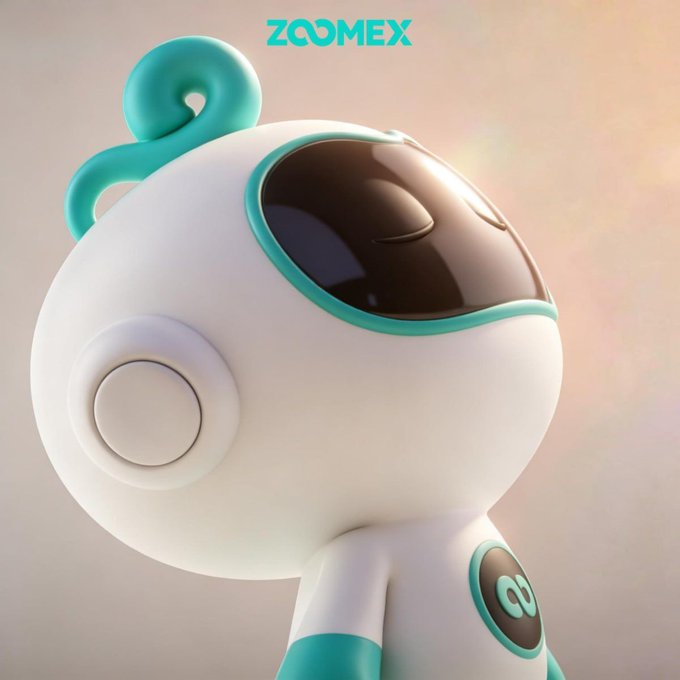 A cute 3D-rendered cartoon astronaut with a teal and white spacesuit and a glossy black visor stands in profile, appearing thoughtful. The word "ZOOMEX" is displayed at the top, and the character's pensive sideways glance matches the post's "thinking face" caption.