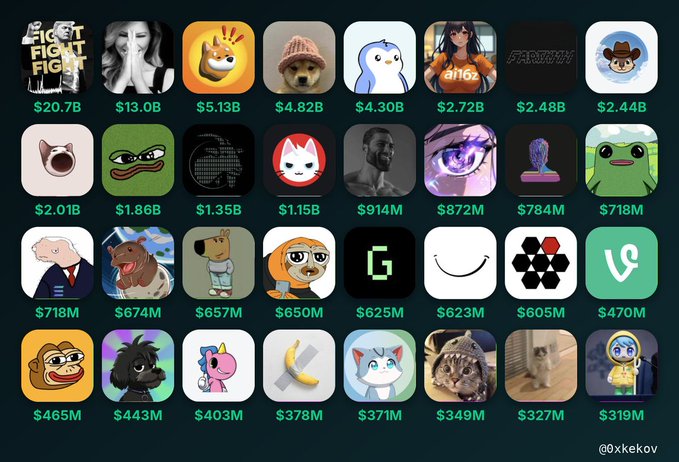A grid showing various memecoins with their market capitalizations, including Fight Fight at $20.7B, Ai16z at $2.72B, and Pepe at $2.01B, credited to @0xekov.