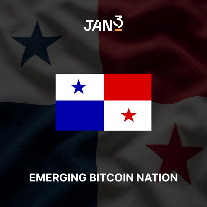 A graphic combining the Panama flag and Bitcoin symbol with the text 'JAN3' and 'EMERGING BITCOIN NATION'.