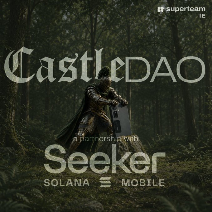 Promotional graphic for 'CastleDAO' in partnership with 'Seeker SOLANA MOBILE', featuring a knight in armor holding a smartphone in a dark forest setting, with the superteam IE logo in the corner.