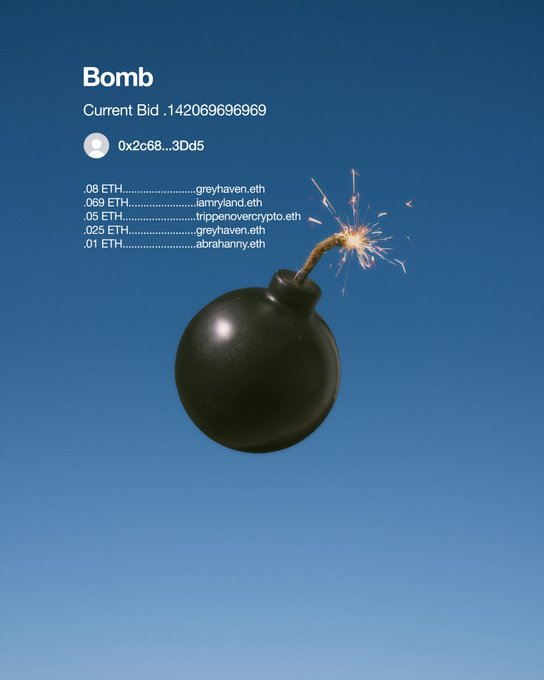 A digital artwork titled 'Bomb' shows a lit round black bomb floating against a blue sky, with an NFT auction listing showing a current bid of .142069696969 ETH.