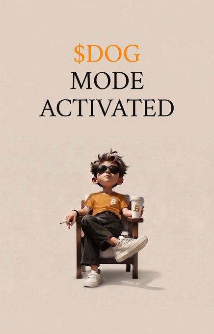 A minimalist graphic with the text '$DOG MODE ACTIVATED' in orange and black, featuring an illustration of a stylish boy in sunglasses sitting in a chair holding a coffee cup.