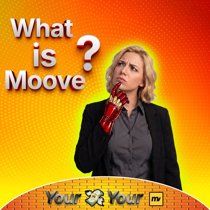 A YouTube-style thumbnail features Scarlett Johansson looking puzzled with an Iron Man gauntlet, text asking 'What is Moove?' and a 'Your [Money emoji] Your MV' banner.