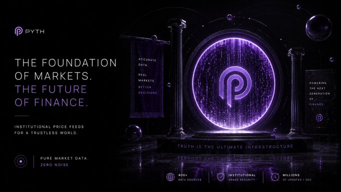 A dark, futuristic promotional graphic for Pyth Network features a glowing purple "P" logo at its center, flanked by classical columns and banners reading "ACCURATE DATA, REAL MARKETS, BETTER DECISIONS" and "POWERING THE NEXT GENERATION OF FINANCE." The tagline "TRUTH IS THE ULTIMATE INFRASTRUCTURE" anchors the design, alongside text promoting "Institutional price feeds for a trustless world" and stats noting "400+ data sources," "institutional grade security," and "millions of updates per sec" — visually reinforcing the post's point about Pyth's real-time, volatility-measuring price feeds used by protocols to guard against liquidation cascades.