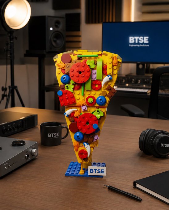 The image features a creative display of pizza-themed Lego art pieces arranged on a wooden table. The Lego figures are designed to look like slices of pizza with various toppings such as pepperoni, mushrooms, olives, and cheese. In addition to the Lego figures, there is also a cup of coffee placed next to them, suggesting that this might be an event or gathering related to Pizza Day. A TV screen can be seen in the background, which further supports the idea that it could be an event or gathering taking place at a venue with a TV setup for presentations or entertainment purposes.