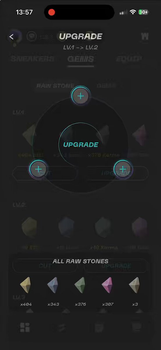 The image shows an iPhone screen with a black background displaying a game app called "Upgrade" that has been paused for ten days, waiting for rare sneakers to arrive. The app's goal is to build a long streak of daily actions until the rare sneakers finally appear on StepN Go A.