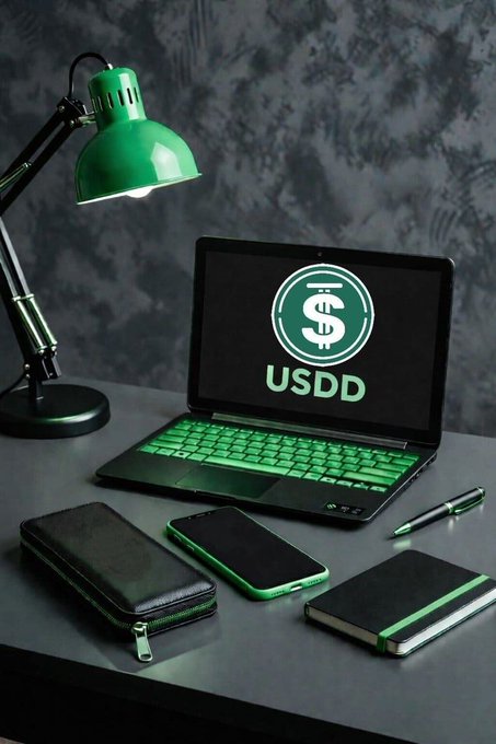 A laptop displaying the 'USDD' logo sits on a desk next to a green desk lamp, smartphone, wallet, and notebook.