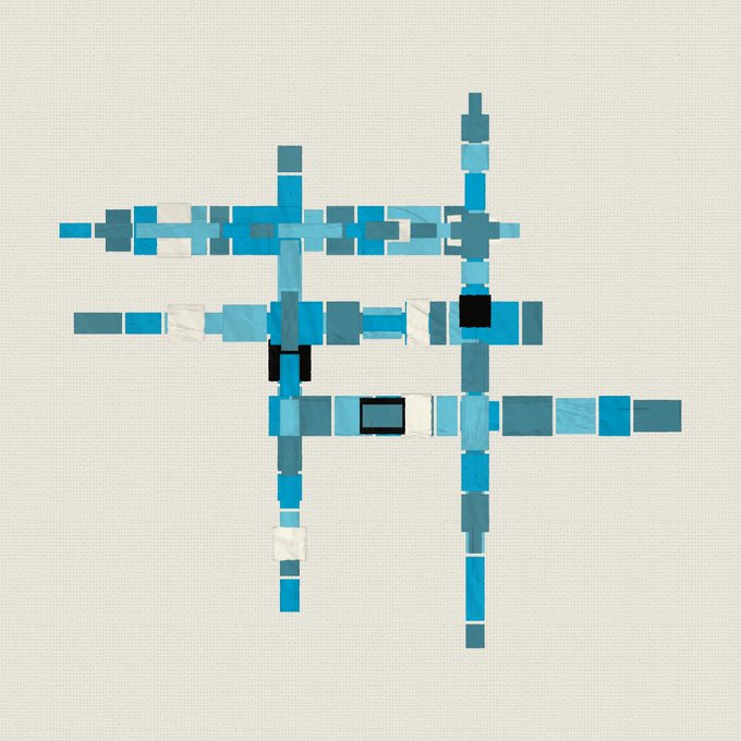An abstract digital composition of blue, teal, white, and black squares arranged in a grid-like, cross-shaped pattern on a textured white background.
