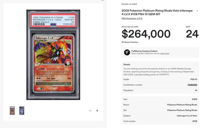 An auction listing for a 2009 Pokemon Platinum Rising Rivals Holo Infernape #108 PSA 10 GEM MT card, showing a final sold price of $264,000 with 24 bids, fulfilled by Fanatics Collect.