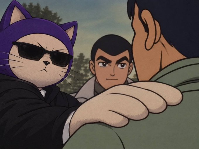 An animated scene shows a white cat wearing sunglasses and a purple hat, with a serious-looking man in the background.