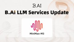 The image shows a poster for a new audio streaming platform called "MiniMax M3" that was released by B.AI. The poster features a logo with a wave-like design, which represents the audio format of the platform. It also includes text that reads "B.A.I.LLM Services Update", indicating that there is an update available for users who have already registered on the platform. This update would provide new content and improved streaming quality for users who are interested in accessing the latest audio releases from the platform.