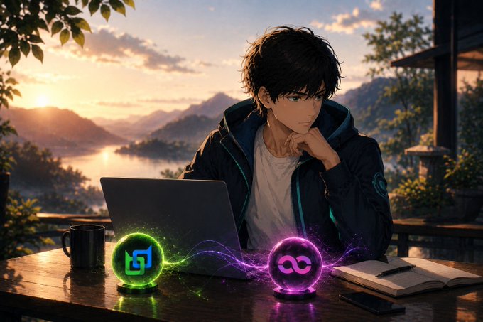 An anime-style illustration of a young man working on a laptop at an outdoor table with a coffee mug and book, with glowing green and purple cryptocurrency logos (resembling Beldex and Polkadot) floating above the table against a sunset mountain backdrop.