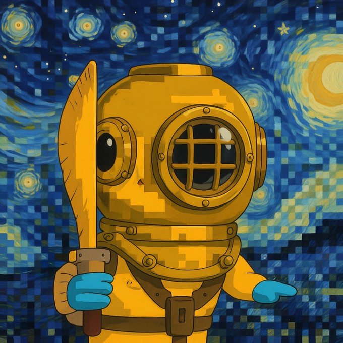 A cartoonish yellow deep-sea diver in a vintage diving helmet holds a golden pickaxe against a pixelated Van Gogh "Starry Night" backdrop, symbolizing the crypto "gm" morning greeting where miners "raise their picks" to start the day.