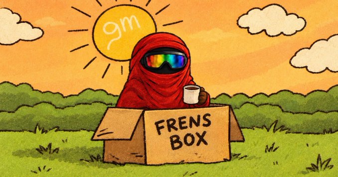 A cartoon illustration of a red-cloaked figure with rainbow sunglasses holding a coffee mug inside a cardboard box labeled 'FRENS BOX' against an orange sunset background with a 'gm' sun.