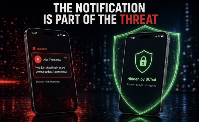 A promotional graphic with the text 'THE NOTIFICATION IS PART OF THE THREAT' showing two smartphones, one displaying an exposed message notification from 'Alex Thompson' and the other protected by a green digital shield labeled 'Hidden by BChat'.