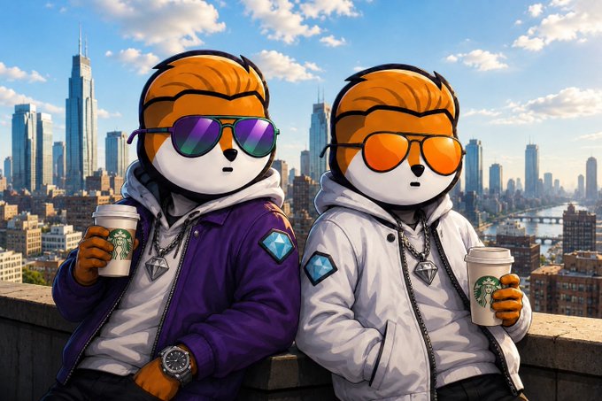 Two cartoon-style sloth characters wearing sunglasses and hoodies (one purple, one white) holding Starbucks coffee cups against a New York City skyline backdrop.