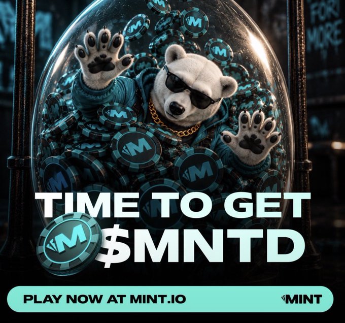 A promotional graphic featuring a stylized polar bear wearing sunglasses and a gold chain, reaching out from a glass jar filled with teal cryptocurrency chips bearing an 'M' logo. The text reads 'TIME TO GET $MNTD' and 'PLAY NOW AT MINT.IO'.