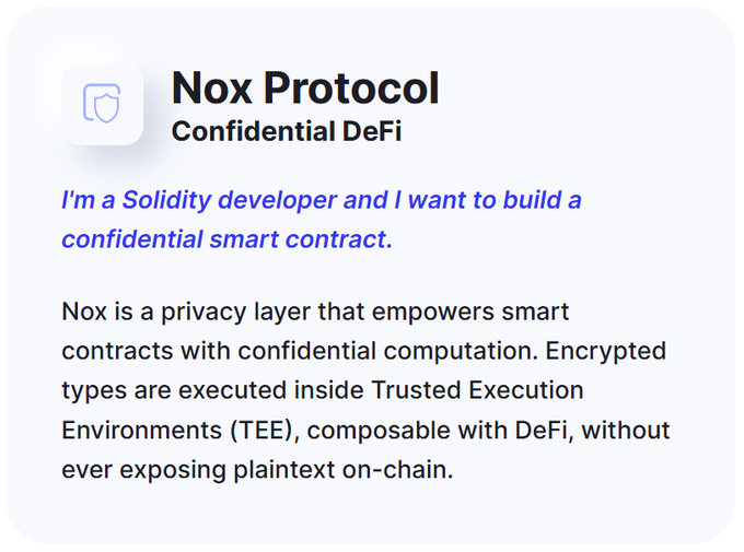 An information card for 'Nox Protocol - Confidential DeFi' explaining it as a privacy layer for smart contracts using encrypted computation and Trusted Execution Environments (TEE).