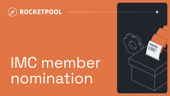 The image is an orange and black promotional graphic from Rocket Pool announcing "IMC member nomination," featuring a stylized illustration of a ballot being deposited into a box, symbolizing the voting/election process for the Incentives Management Committee referenced in the post.