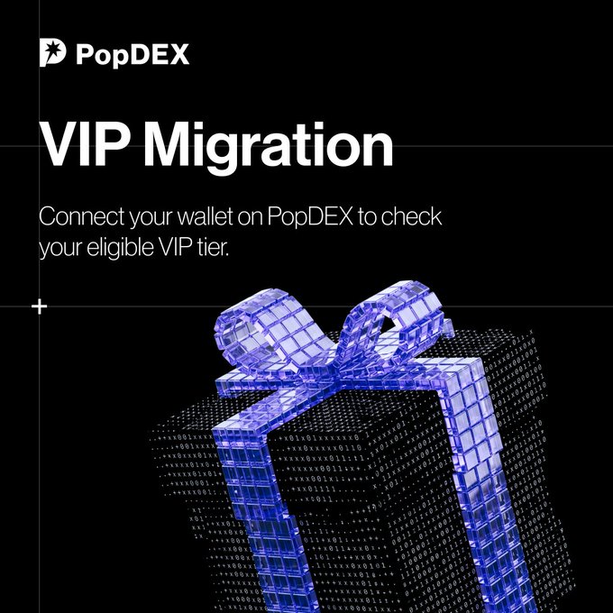 PopDEX VIP Migration promotional graphic featuring a glossy blue 3D gift box with a bow resting on a surface of scrolling binary code, with the PopDEX logo and text reading "VIP Migration — Connect your wallet on PopDEX to check your eligible VIP tier," visually reinforcing the post's message about rewarding existing traders from Hyperliquid, Aster, Lighter, GRVT, and EdgeX with eligible VIP tiers without restarting from VIP 0.