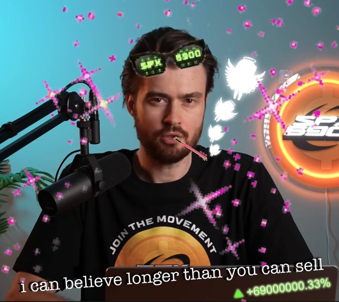A podcaster/streamer wearing digital sunglasses displaying 'SPX 6900' with a caption reading 'i can believe longer than you can sell' and a +6900000000.33% gain indicator.