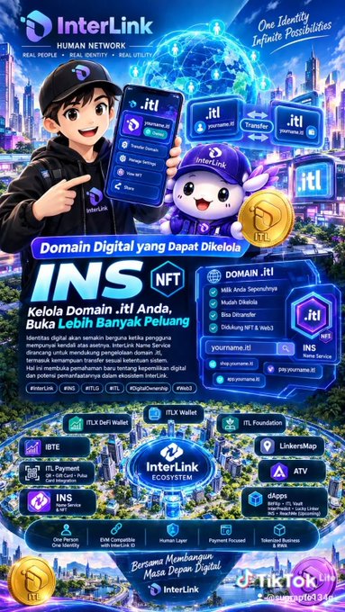 A promotional infographic for InterLink featuring a mascot and information on .itl domains, INS NFT, and Name Service, with text including 'HUMAN NETWORK', 'Domain Digital yang Dapat Dikelola', and 'Kelola Domain .itl Anda'.