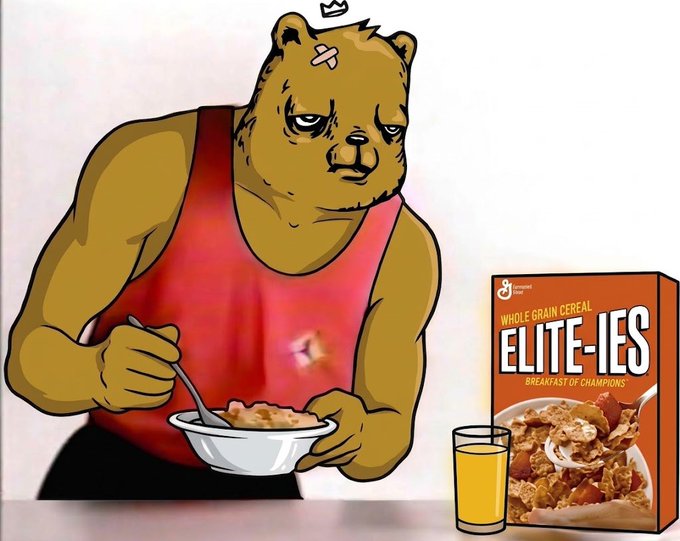 A cartoon illustration shows a muscular bear in a red tank top eating cereal from a bowl, next to a box labeled 'WHOLE GRAIN CEREAL ELITE-IES BREAKFAST OF CHAMPIONS' and a glass of orange juice.