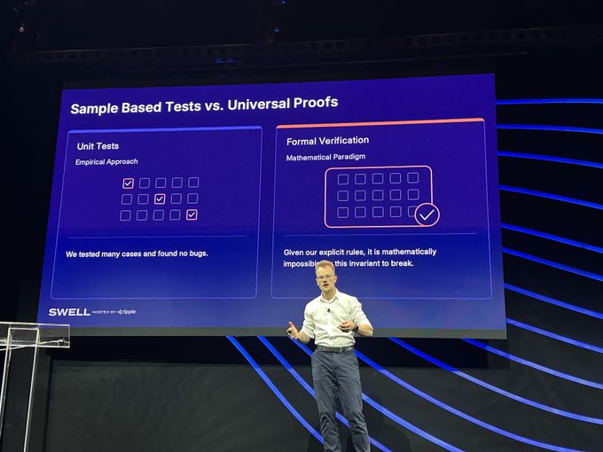 A presenter stands onstage before a slide titled “Sample Based Tests vs. Universal Proofs,” comparing “Unit Tests” with “Formal Verification.”