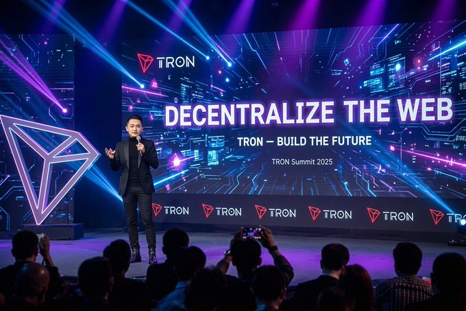 A speaker presents on stage at the TRON Summit 2025, with a large screen behind him displaying "DECENTRALIZE THE WEB — TRON — BUILD THE FUTURE," directly reinforcing the post's message about TRON shaping the future of the digital economy beyond mere price speculation.