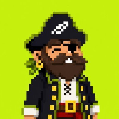 A pixel art illustration of a bearded pirate character wearing a black hat with a skull and crossbones, a black coat, and a red sash.