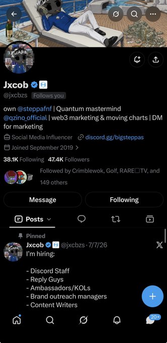 A mobile screenshot of an X (Twitter) profile for 'Jxcob' (@jxcbs), a Social Media Influencer and owner of @steppatnf and @qzino_official, with 38.1K following and 47.4K followers, showing a pinned hiring post for Discord Staff, Reply Guys, Ambassadors/KOLs, Brand outreach managers, and Content Writers.