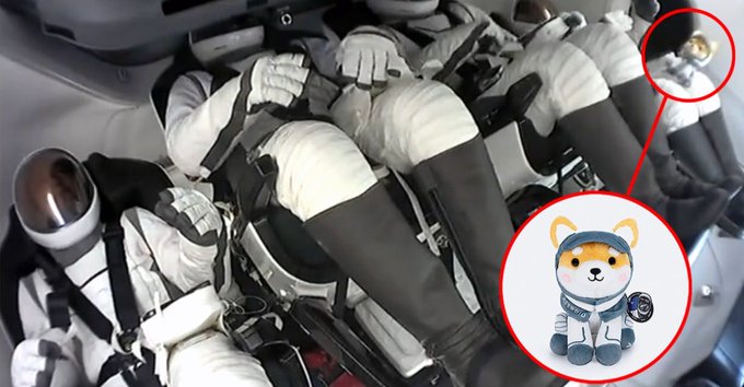 The image shows a group of people wearing space suits with their legs crossed over each other. There are two stuffed animals, one of which appears to be a dog-like creature, placed next to the suit. The background features a gray wall with a red circle and a white line in the center. The caption reads "Seems like the second scenario is in the play for $ASTEROID after SpaceX IPO It probably takes a bit longer than most people expected, but there were too many signs that Elon will mention it again."