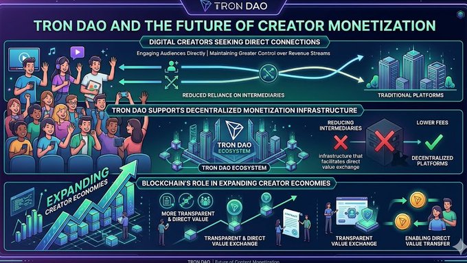 The image presents a detailed infographic illustrating the concept ofTRON DAO, which is intended as a visual guide for understanding how creators can utilize the platform's features to generate revenue through decentralized economies. The infographic explains various aspects of TRON DAO and its potential impact on creator monetization, such as connecting directly with audiences and supporting infrastructure that enables these new models. As depicted in the image, the post is well-organized, featuring several graphics, icons, and bullet points that highlight essential points about TRON DAO and how it can be used to facilitate financial transactions without centralized control or intermediaries.