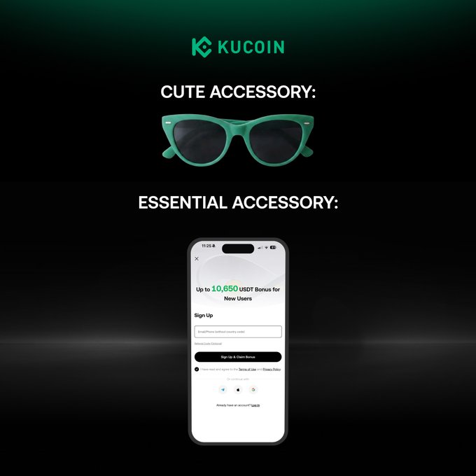 A KuCoin promotional graphic contrasts a "CUTE ACCESSORY" featuring green sunglasses against an "ESSENTIAL ACCESSORY" showing a smartphone displaying KuCoin's sign-up page offering "Up to 10,650 USDT Bonus for New Users," tying into the post's question about preferred accessories.