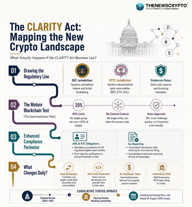 An infographic from TheNewsCrypto explaining 'The CLARITY Act: Mapping the New Crypto Landscape' with regulatory details for SEC, CFTC, and stablecoins.