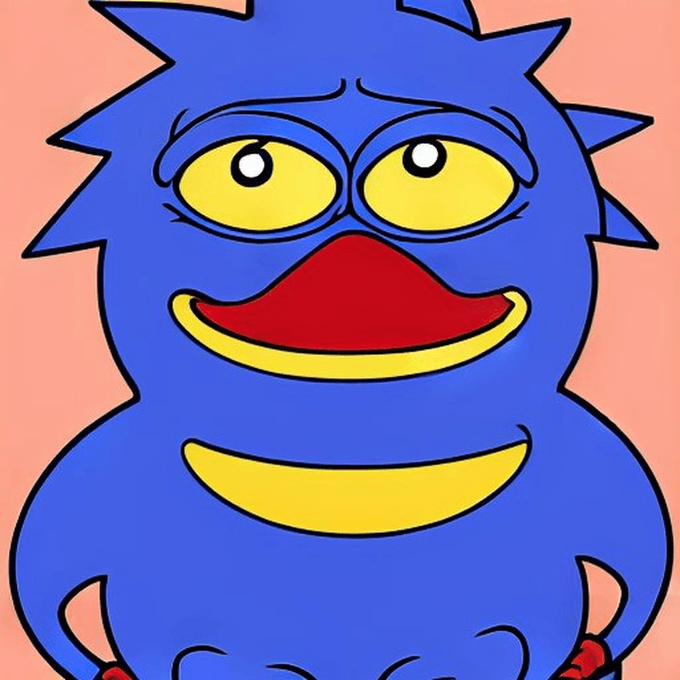 A cartoon character with a blue furry body, large yellow eyes, a yellow smile, and red lips sits against a peach background.