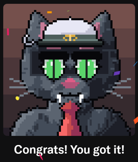 Pixel art avatar of a black cat wearing a military officer hat with green eyes, captioned 'Congrats! You got it!'