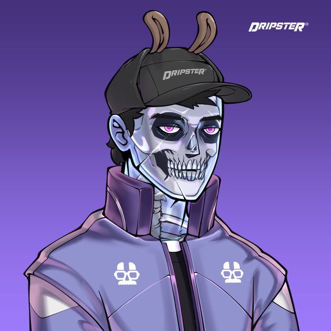 A stylized digital illustration features a character with a skull-painted face wearing a black "DRIPSTER" cap and a matching jacket with "bb" logos, set against a purple gradient background with "DRIPSTER®" branding in the top right. The image serves as NFT artwork for the Dripster collection, combining streetwear aesthetics with edgy, skeleton-mask character design.