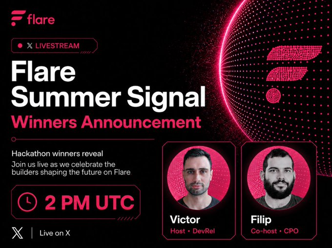 A promotional graphic for the 'Flare Summer Signal Winners Announcement' livestream at 2 PM UTC, featuring hosts Victor (DevRel) and Filip (CPO) on a pink and black tech-themed background.